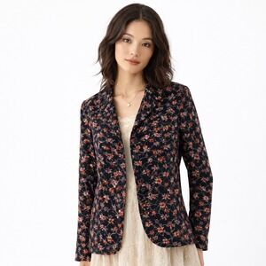 Snak Quilted Blazer Black Red Floral 100% Cotton Boho Ethnic Artisan Size 10